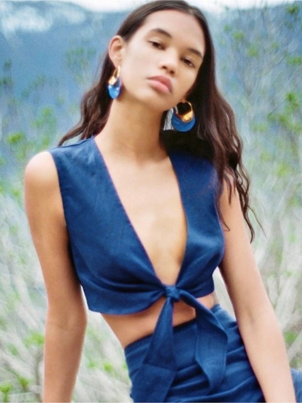 Reformation Blue Tie-Front Crop Top